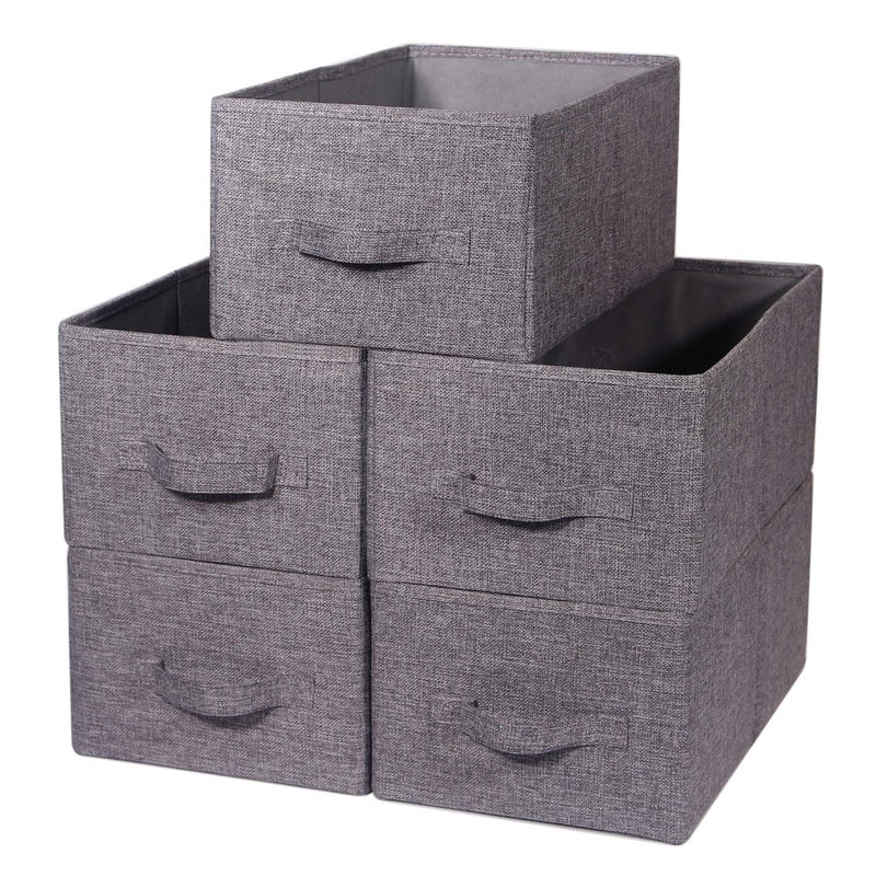 TENABORT Set of 5 Closet Organizer Bins with Handle, Fabric Foldable Storage Baskets Cloth Box Containers for Shelves Home Office Clothes Clothing, Gray, Large - Image 1
